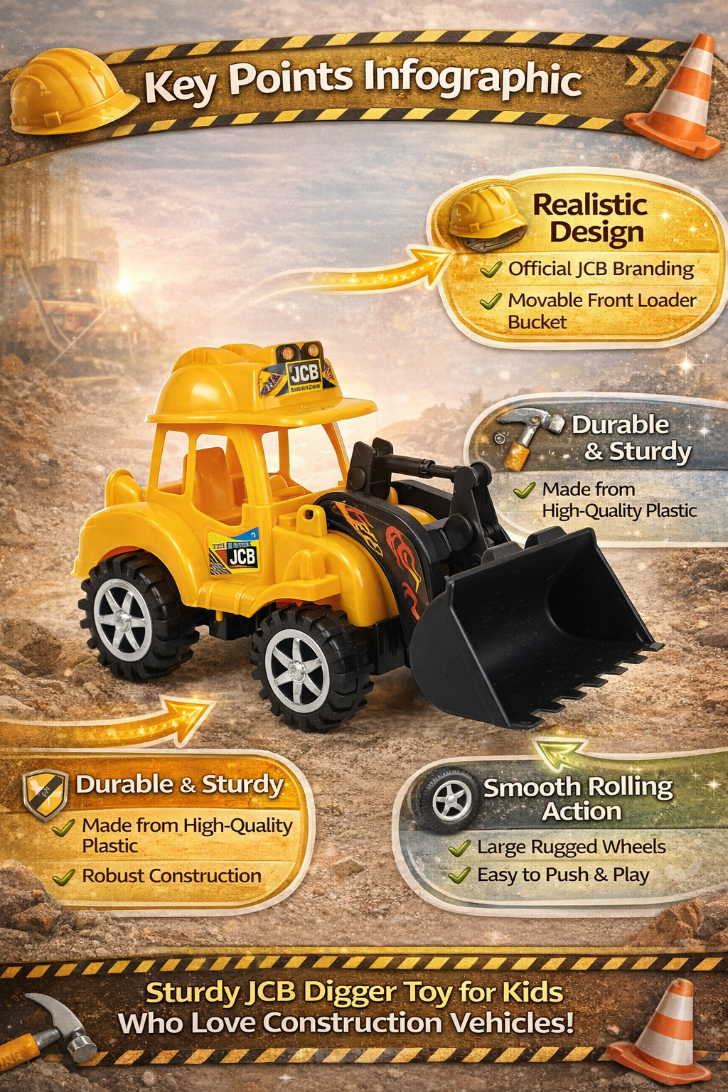 JCB Digger Toy for Kids, Construction Vehicle Front Loader Toy with Movable Bucket