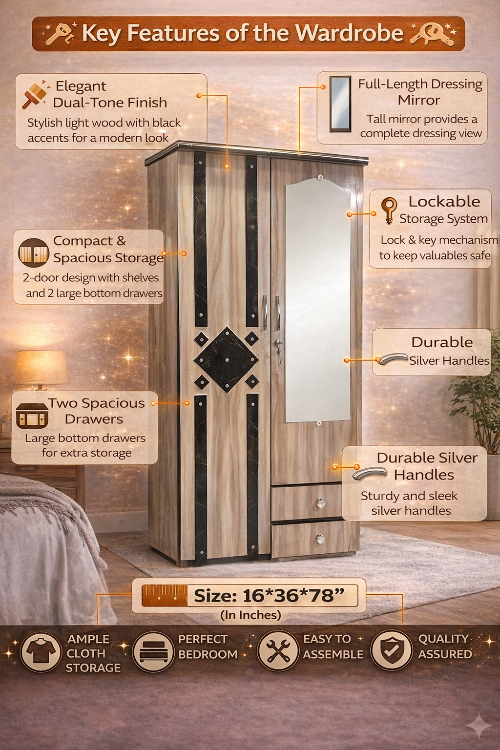 Wooden 2 Door Wardrobe with Mirror | 16x36x78 Inch Almirah | Rustic Grey Cupboard with Lock & Drawer