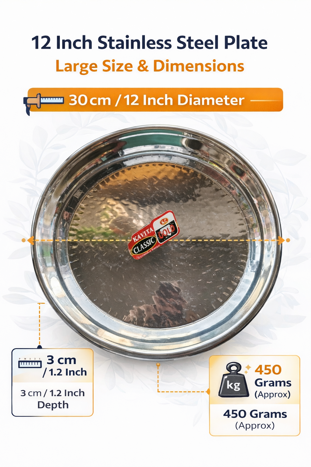 12 Inch Stainless Steel Thali Plate | Large Indian Dinner Plate | Food-Grade, Heavy Duty & Rust-Proof Steel Serving Plate