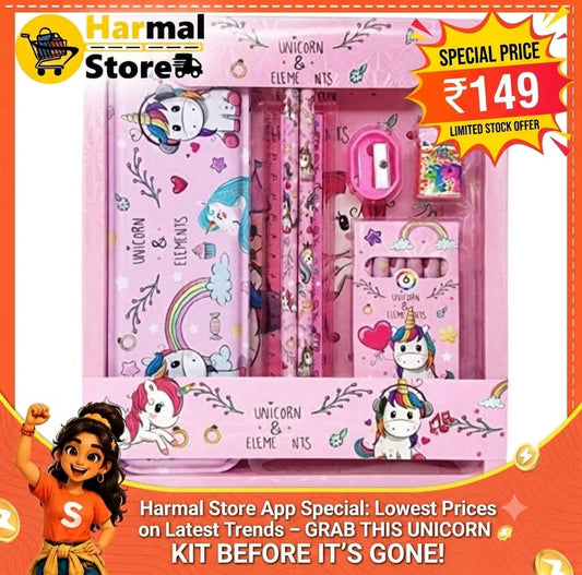 Unicorn Stationery Gift Set for Girls | Pencil Box with Notebook, Pencils, Scale, Sharpener, Eraser & Crayons | Cute School Supplies Kit | Birthday Return Gift