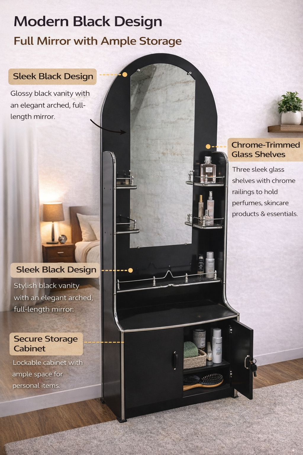 Modern Black Dressing Table with Full-Length Arch Mirror | Makeup Vanity with Glass Shelves & Storage Cabinet