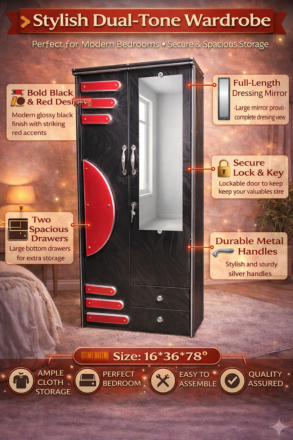 Wooden 2 Door Wardrobe with Mirror | 16x36x78 Inch Almirah | Black & Red Designer Cupboard with Lock & Drawers
