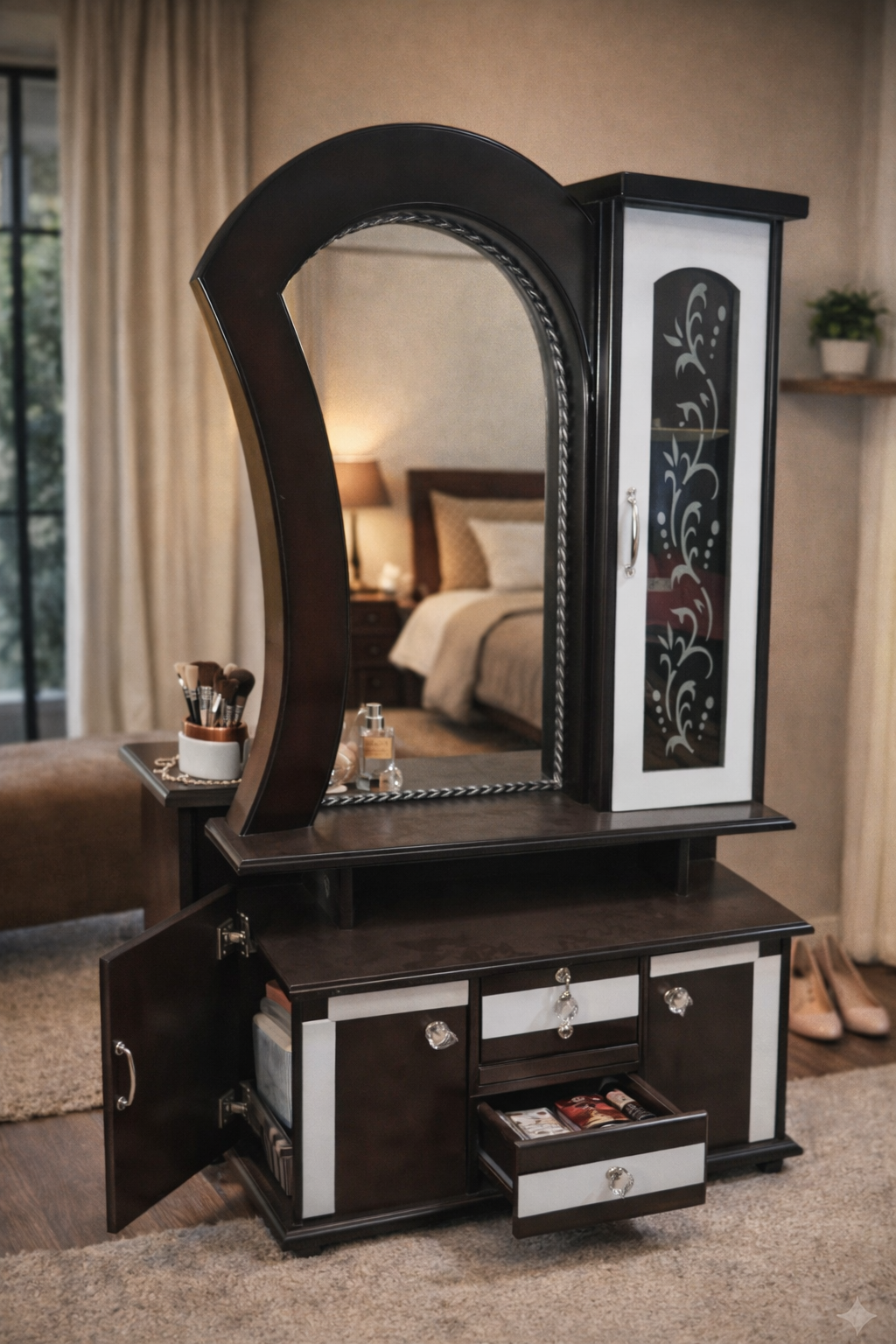 Wooden Dressing Table with Curved Mirror & Storage Cabinet | Makeup Vanity with Drawers & Glass Panel Door