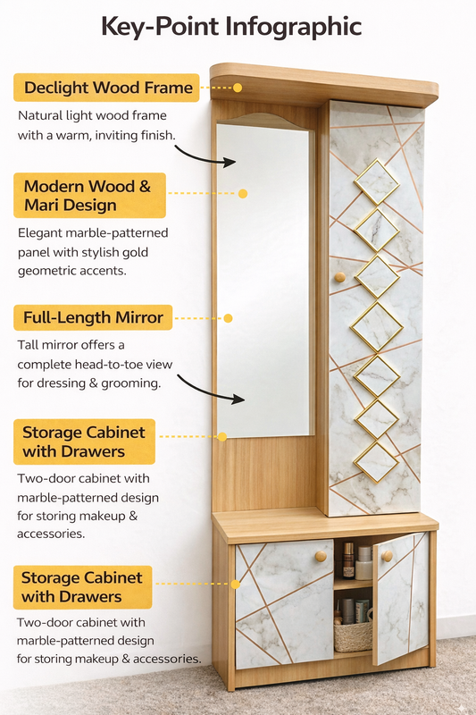Modern Wooden Dressing Table with Full-Length Mirror & Storage Cabinet | Marble Design Panel with Gold Accents |