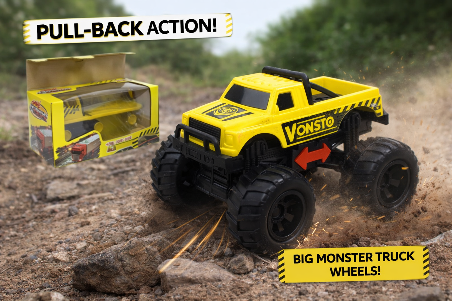 Yellow Pull Back Monster Truck Toy for Kids | Big Wheel Friction Powered Off-Road Truck