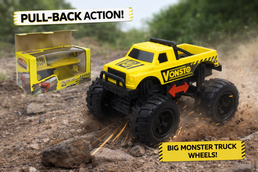 Yellow Pull Back Monster Truck Toy for Kids | Big Wheel Friction Powered Off-Road Truck