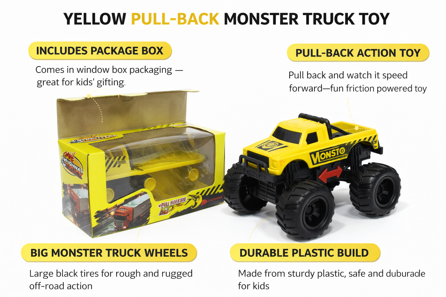 Yellow Pull Back Monster Truck Toy for Kids | Big Wheel Friction Powered Off-Road Truck