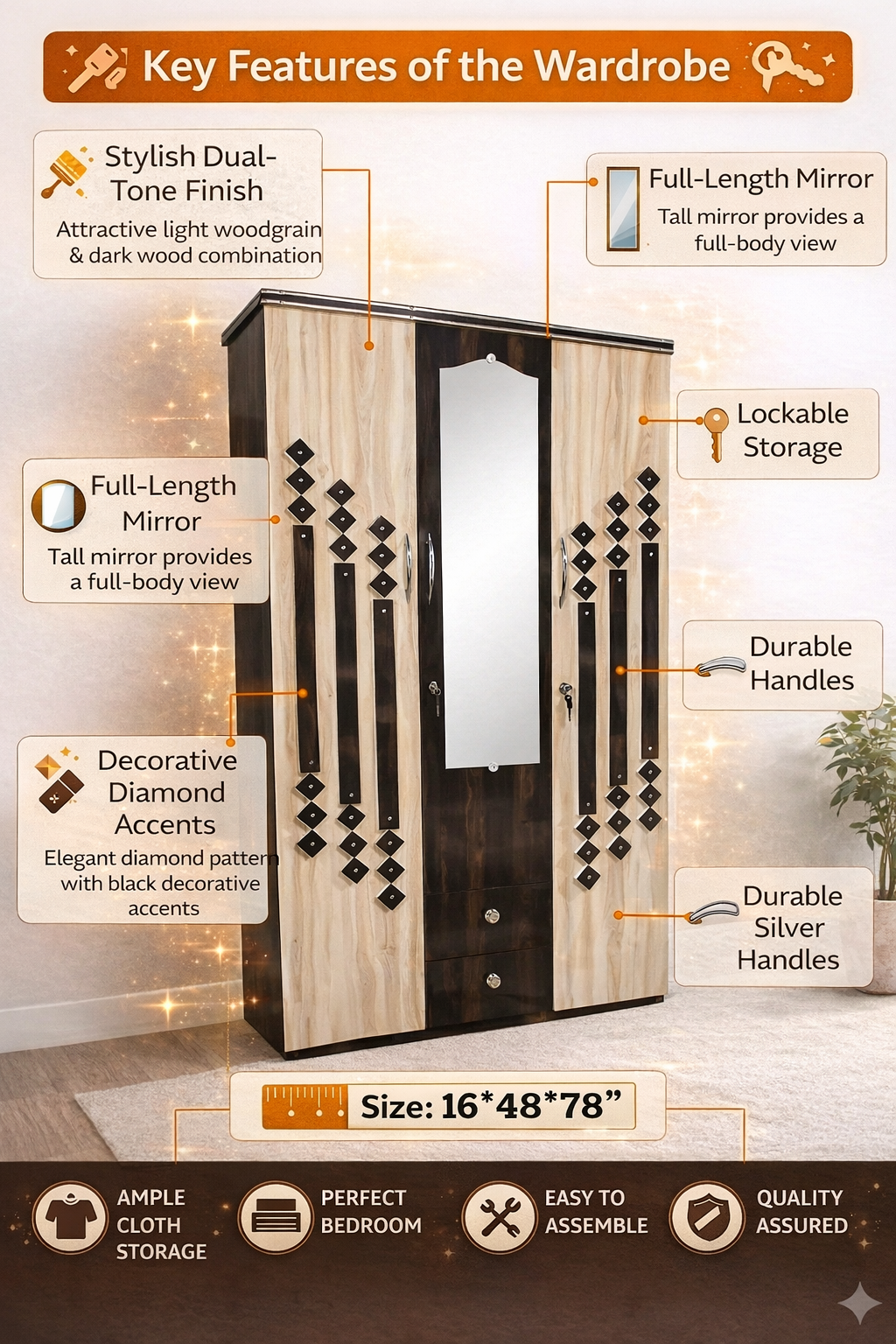 Wooden 3 Door Wardrobe with Mirror | 16x48x78 Inch Almirah | Dual Tone Cupboard with Lock & Drawers
