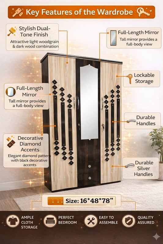Wooden 3 Door Wardrobe with Mirror | 16x48x78 Inch Almirah | Dual Tone Cupboard with Lock & Drawers