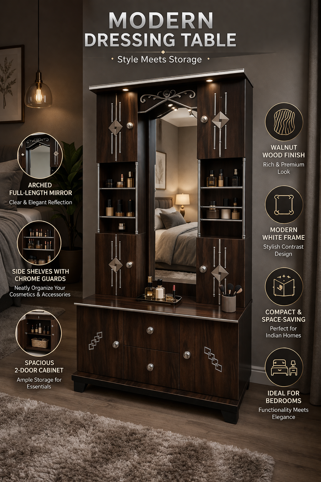 Luxury Dark Walnut Dressing Table with Mirror & Storage | Wooden Vanity Table with Drawers & Shelves
