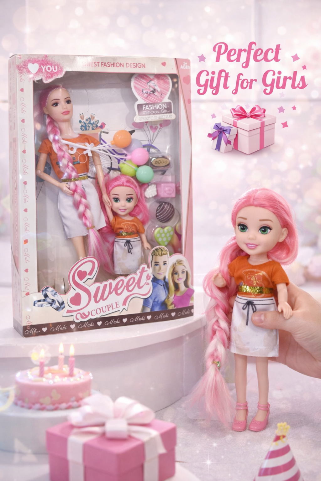 Sweet Couple Doll Set for Girls with 2 Dolls, Accessories & Pretend Play Items, Sister Doll Set with Long Hair & Cute Mini Doll, Kids Gift Toy for Girls Age 3+ (Multicolor)