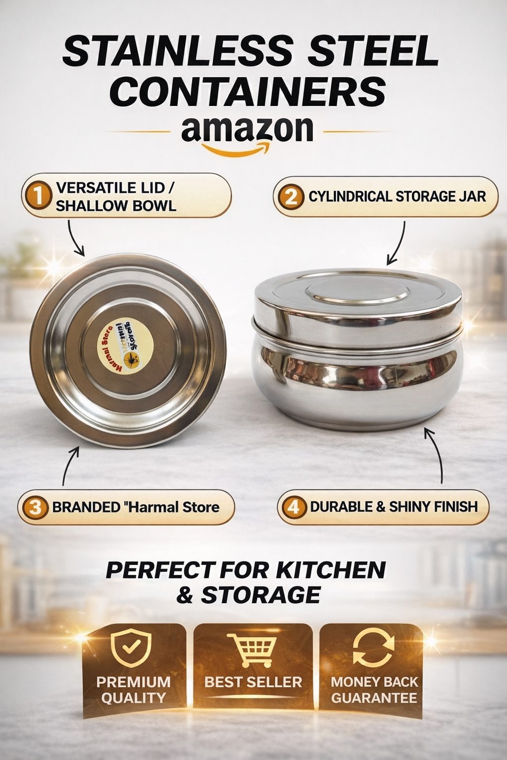Stainless Steel Storage Container with Lid | Multipurpose Kitchen Bowl & Jar