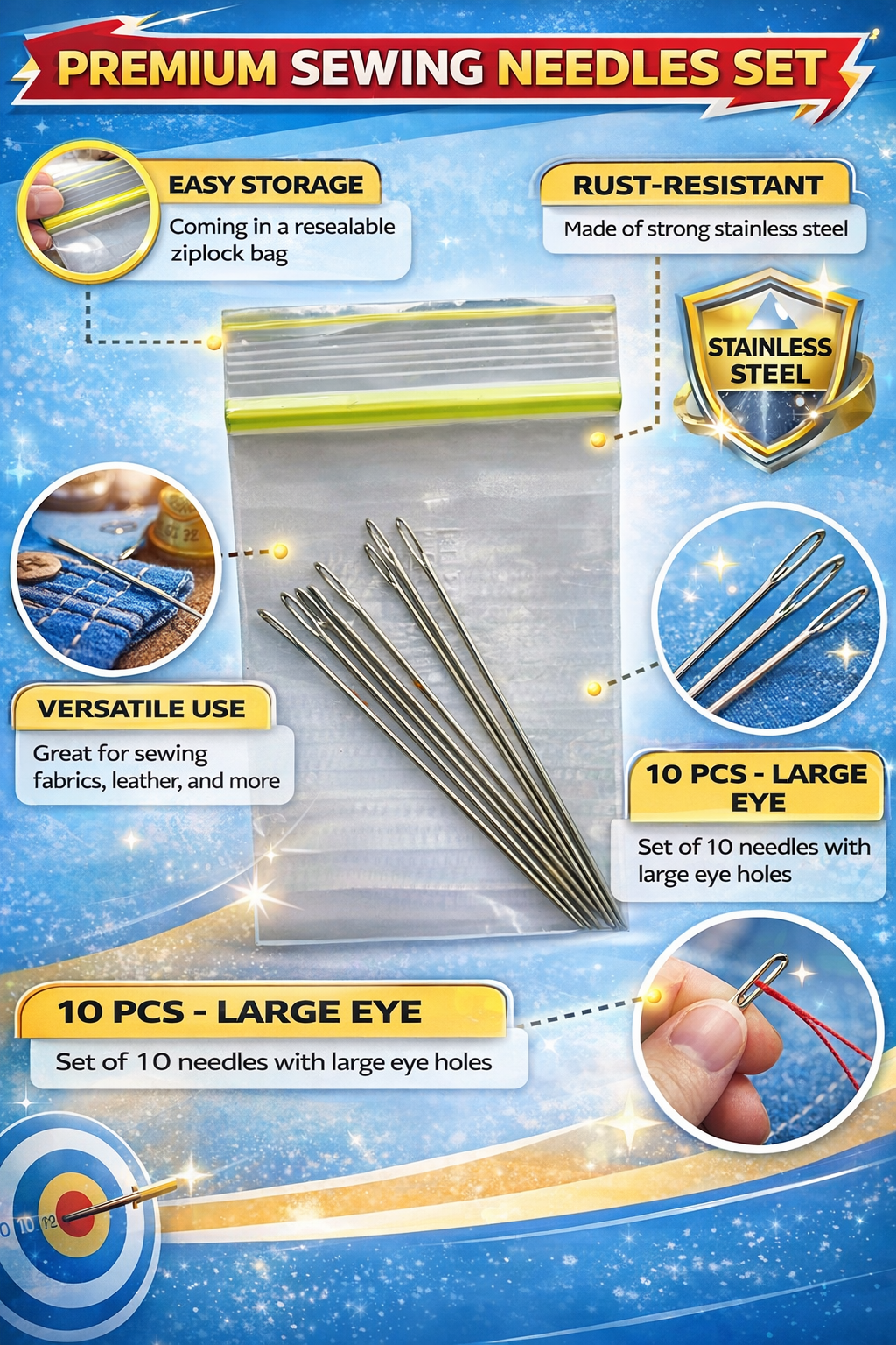 Sewing Needles Set (10 Pcs) Large Eye Needles