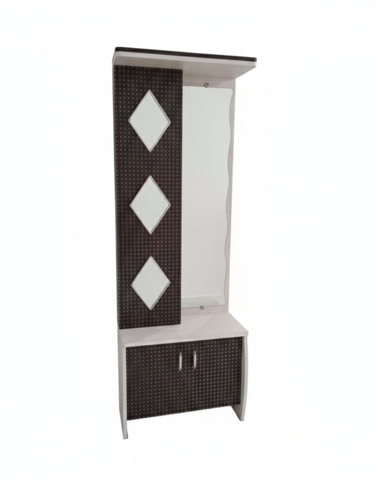 Modern Dressing Table with Full-Length Mirror & Storage Cabinet | Wooden Makeup Vanity Unit with Top Shelf & 3D Diamond Design Panels