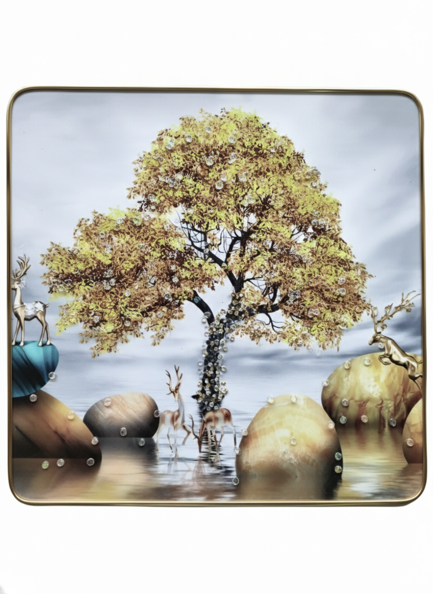Luxury Decorative Serving Tray with Golden Tree & Deer Design | Premium Gold Frame Multipurpose Tray