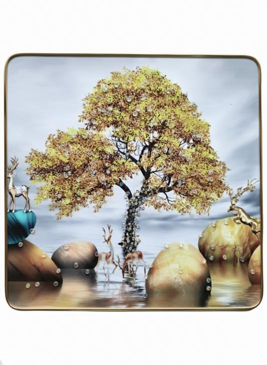 Luxury Decorative Serving Tray with Golden Tree & Deer Design | Premium Gold Frame Multipurpose Tray