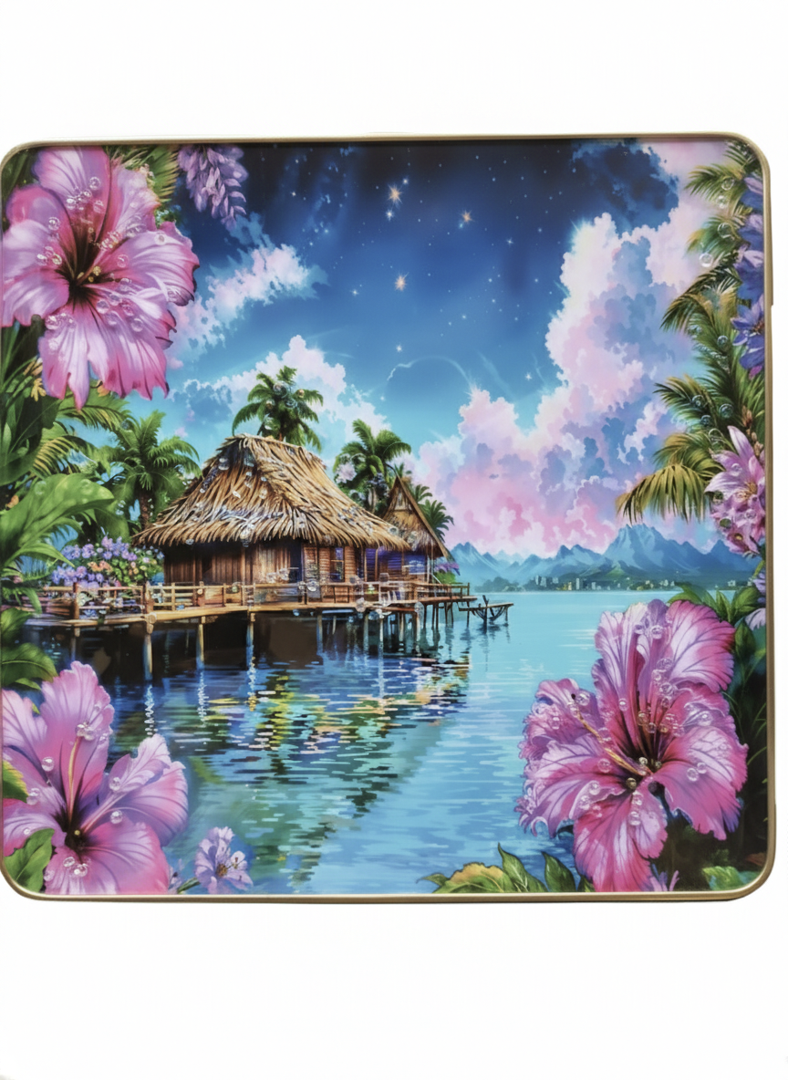 Decorative Printed Tray with Tropical Hut Design | Multipurpose Serving Tray with Gold Frame