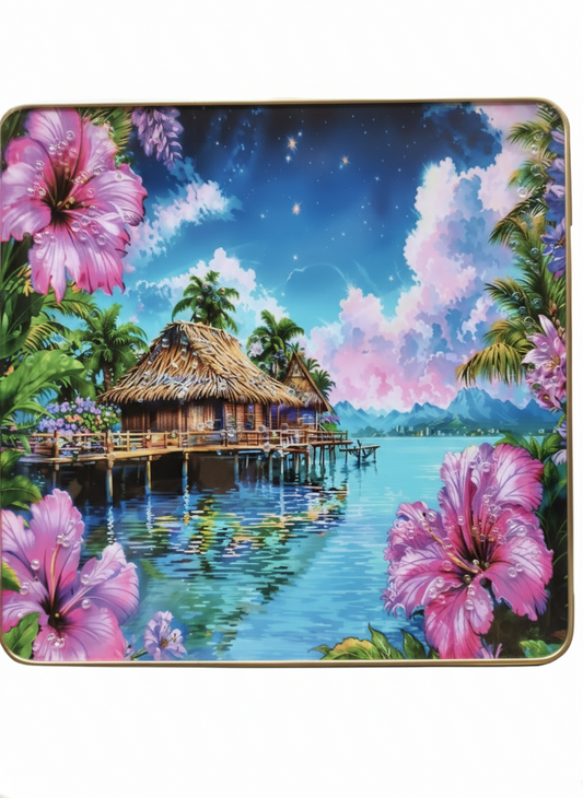 Decorative Printed Tray with Tropical Hut Design | Multipurpose Serving Tray with Gold Frame