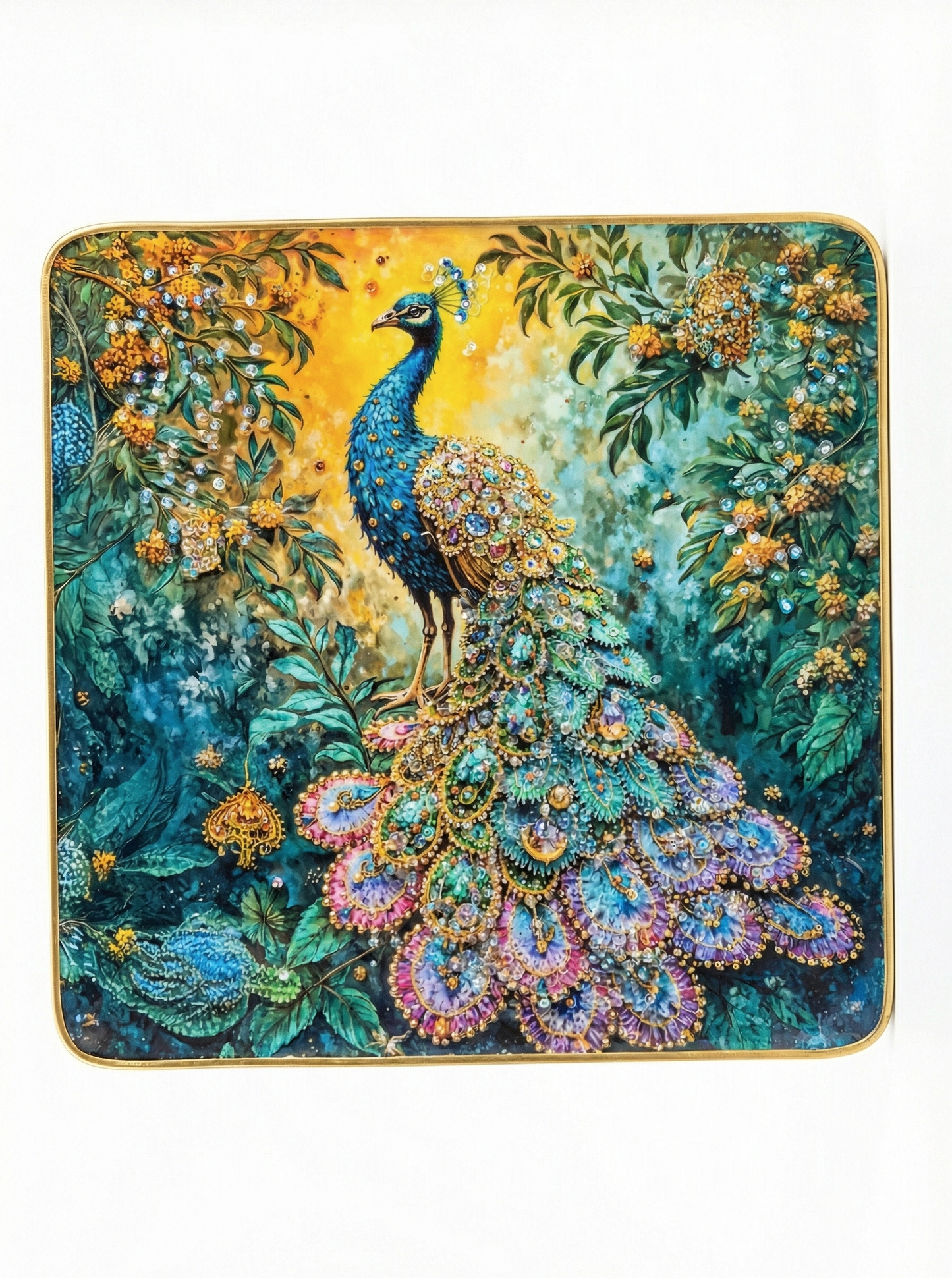 Decorative Peacock Printed Serving Tray with Gold Frame | Premium Teal & Gold Multipurpose Tray