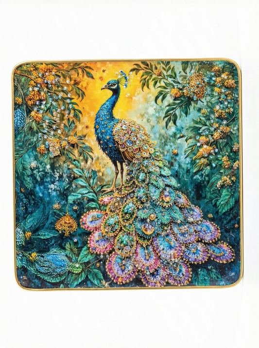 Decorative Peacock Printed Serving Tray with Gold Frame | Premium Teal & Gold Multipurpose Tray