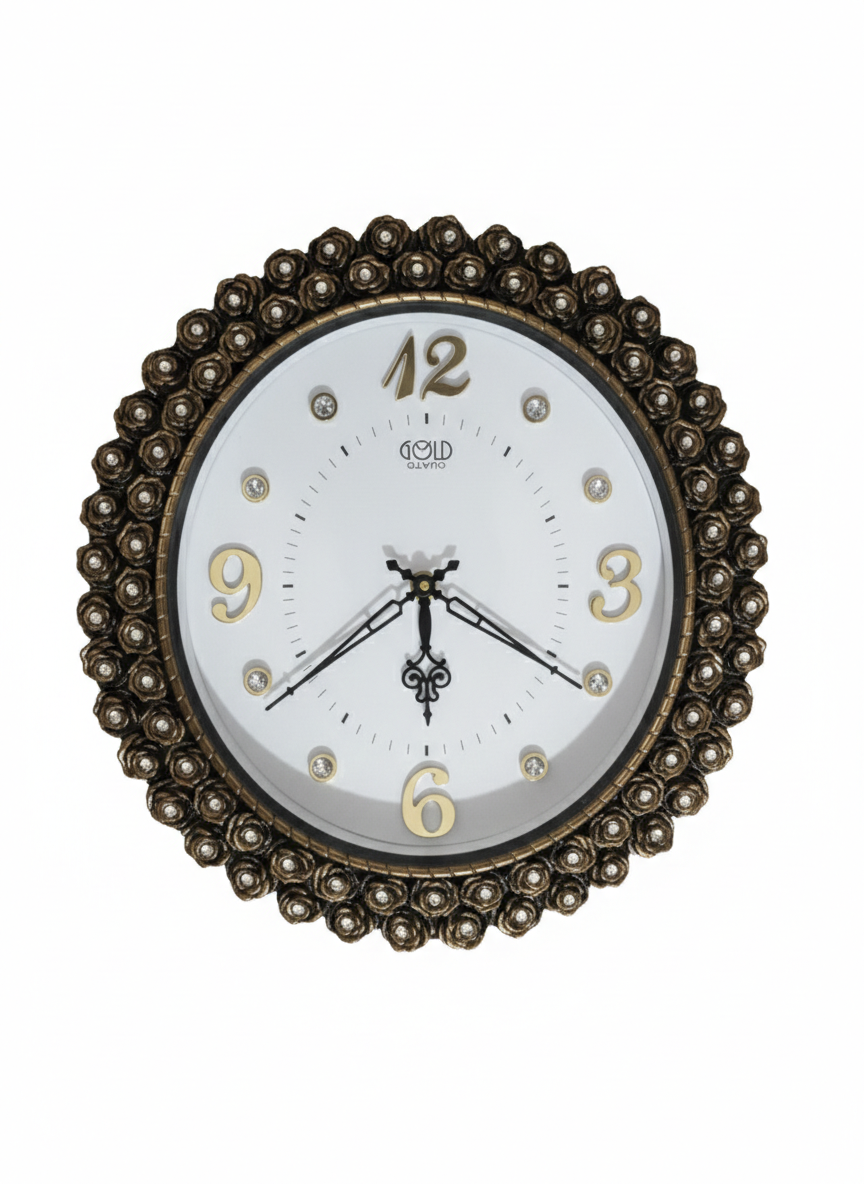 Luxury Antique Round Wall Clock with Floral Beaded Frame & Gem Embellishments | Gold Numerals Designer Clock for Living Room, Bedroom & Office | Silent Quartz Decorative Wall Clock