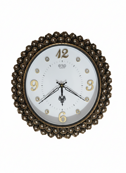 Luxury Antique Round Wall Clock with Floral Beaded Frame & Gem Embellishments | Gold Numerals Designer Clock for Living Room, Bedroom & Office | Silent Quartz Decorative Wall Clock
