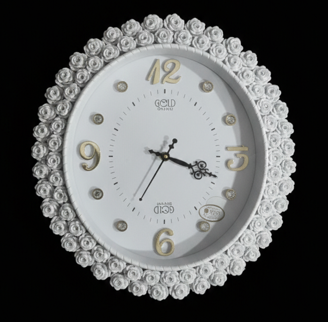 Luxury White Floral Wall Clock with Ornate Round Design | Raised Gold Numerals & Silent Quartz Movement