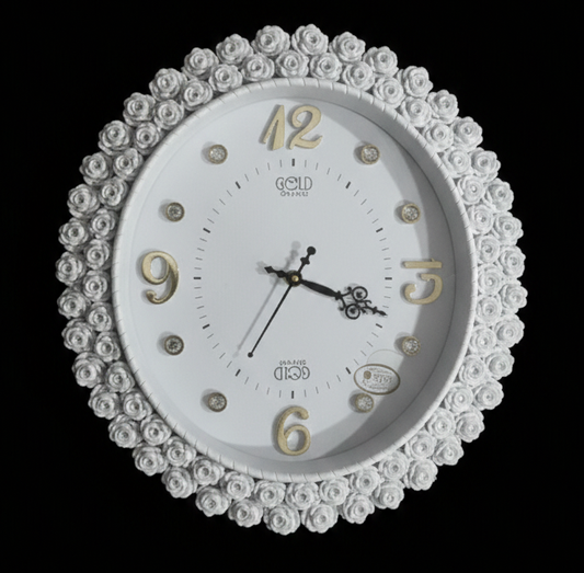 Luxury White Floral Wall Clock with Ornate Round Design | Raised Gold Numerals & Silent Quartz Movement