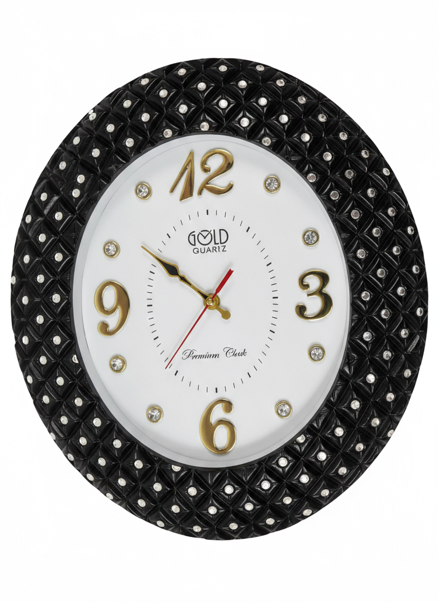 Luxury Black Designer Wall Clock with Textured Gem-Studded Frame | Gold Numerals & Silent Quartz Movement