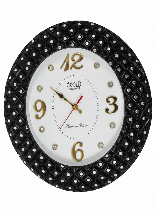 Luxury Black Designer Wall Clock with Textured Gem-Studded Frame | Gold Numerals & Silent Quartz Movement