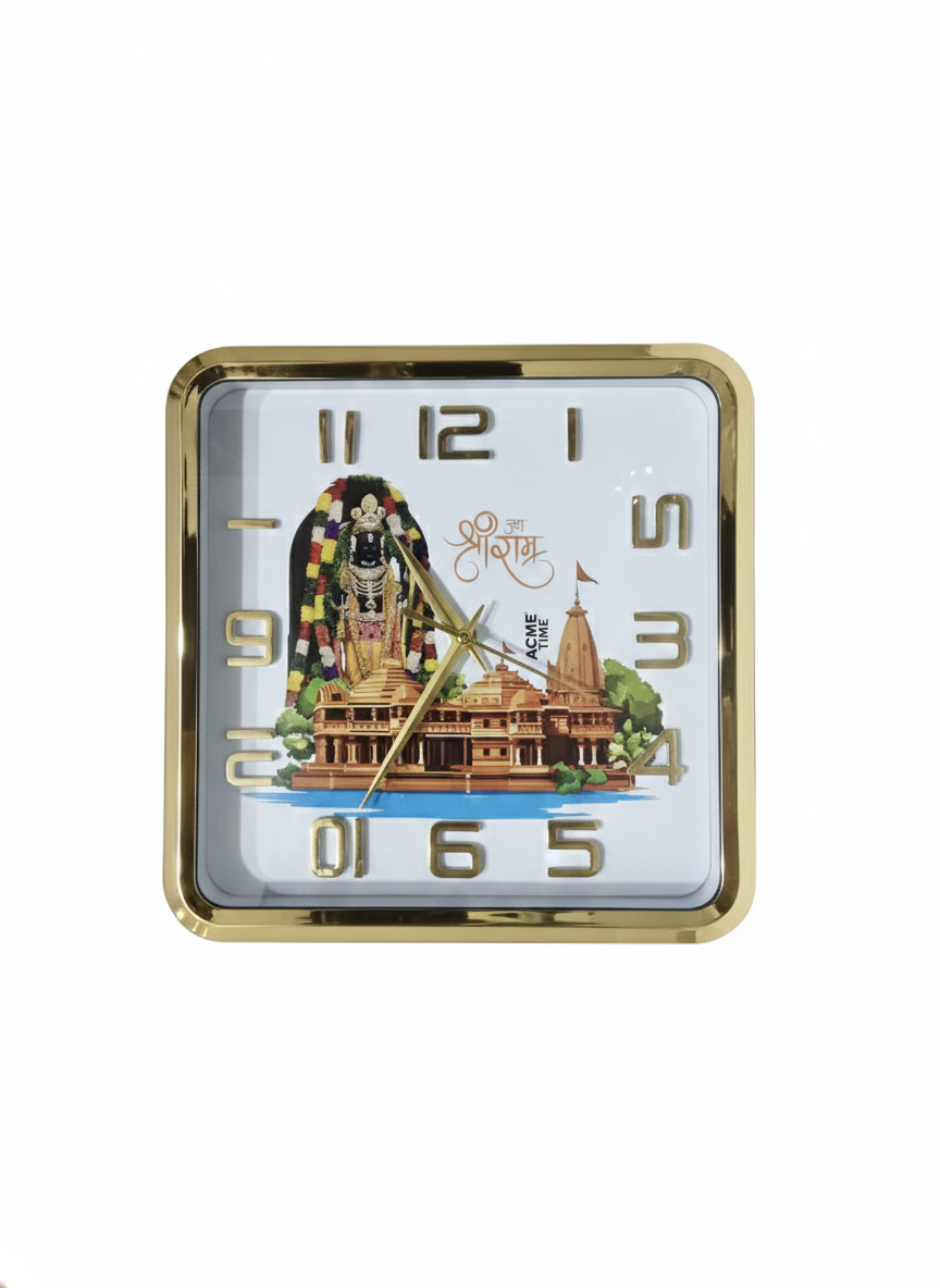 Square Gold Wall Clock with Metal Frame | Designer Temple Print & Minimal Dial
