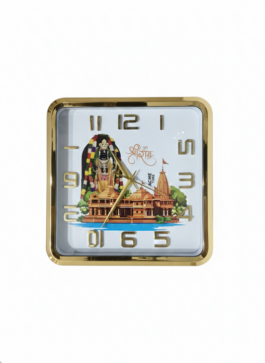 Square Gold Wall Clock with Metal Frame | Designer Temple Print & Minimal Dial