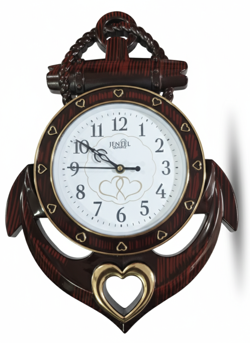 Nautical Anchor Wall Clock with Wood-Grain Finish & Heart Accent | Silent Quartz Movement