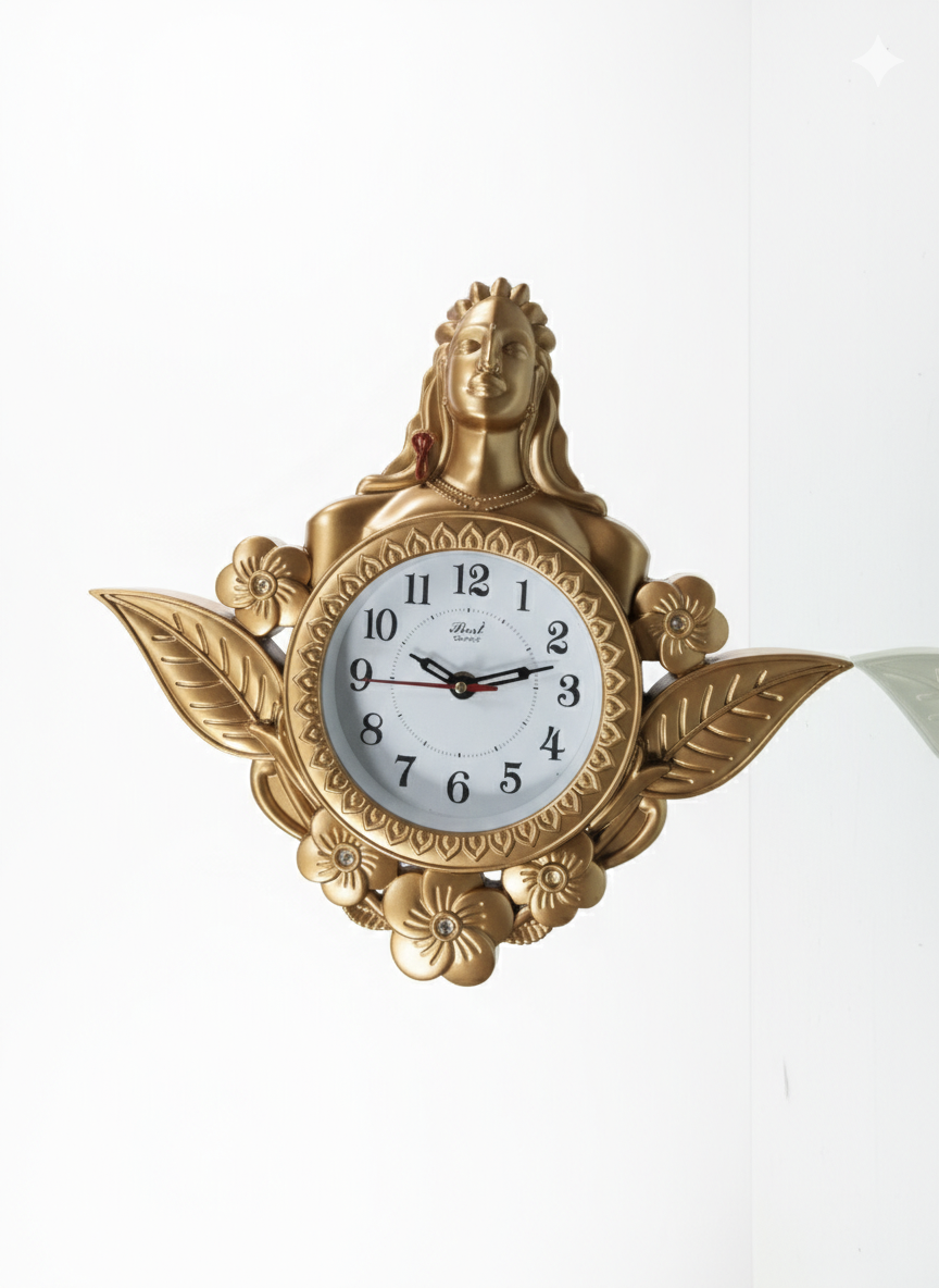 Golden Shiv Ji Decorative Wall Clock | Lord Shiva Design with Floral Leaves | Premium Quartz Wall Clock | Religious Home Decor | Gift for Diwali, Housewarming & Office