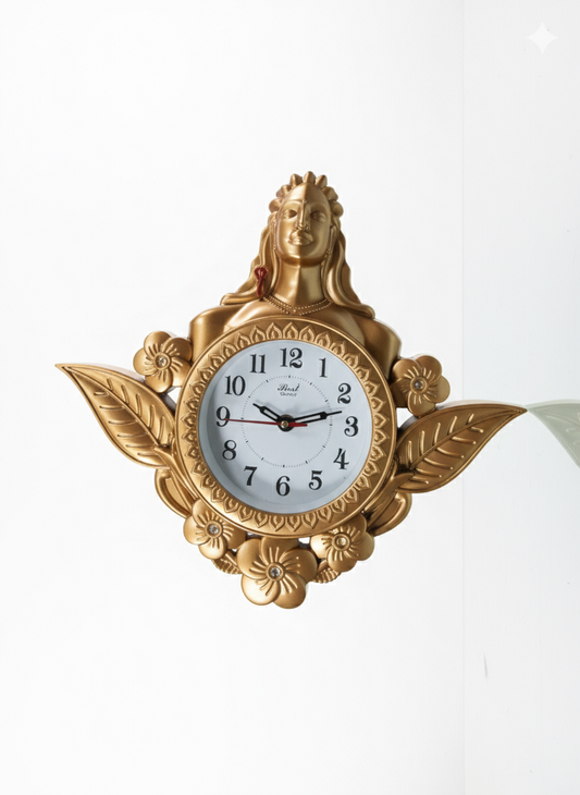 Golden Shiv Ji Decorative Wall Clock | Lord Shiva Design with Floral Leaves | Premium Quartz Wall Clock | Religious Home Decor | Gift for Diwali, Housewarming & Office