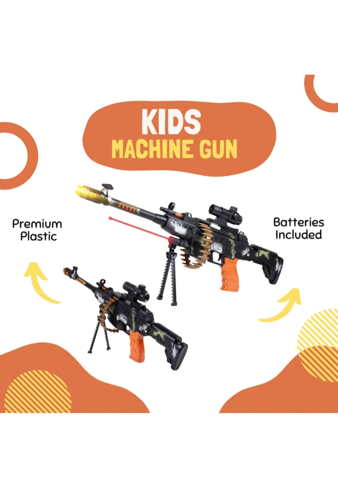 Toy Gun for Kids with LED Lights & Sound, Battery Operated Machine Gun Toy with Telescope, Removable Bullets & Shoulder Strap, Kids Army Role Play Toy (Black & Orange)
