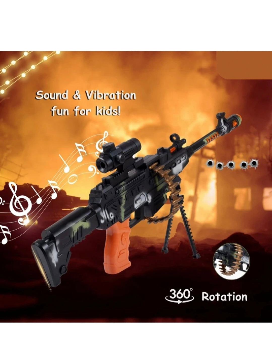 Toy Gun for Kids with LED Lights & Sound, Battery Operated Machine Gun Toy with Telescope, Removable Bullets & Shoulder Strap, Kids Army Role Play Toy (Black & Orange)
