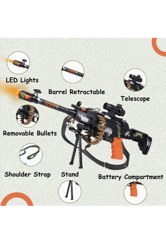 Toy Gun for Kids with LED Lights & Sound, Battery Operated Machine Gun Toy with Telescope, Removable Bullets & Shoulder Strap, Kids Army Role Play Toy (Black & Orange)