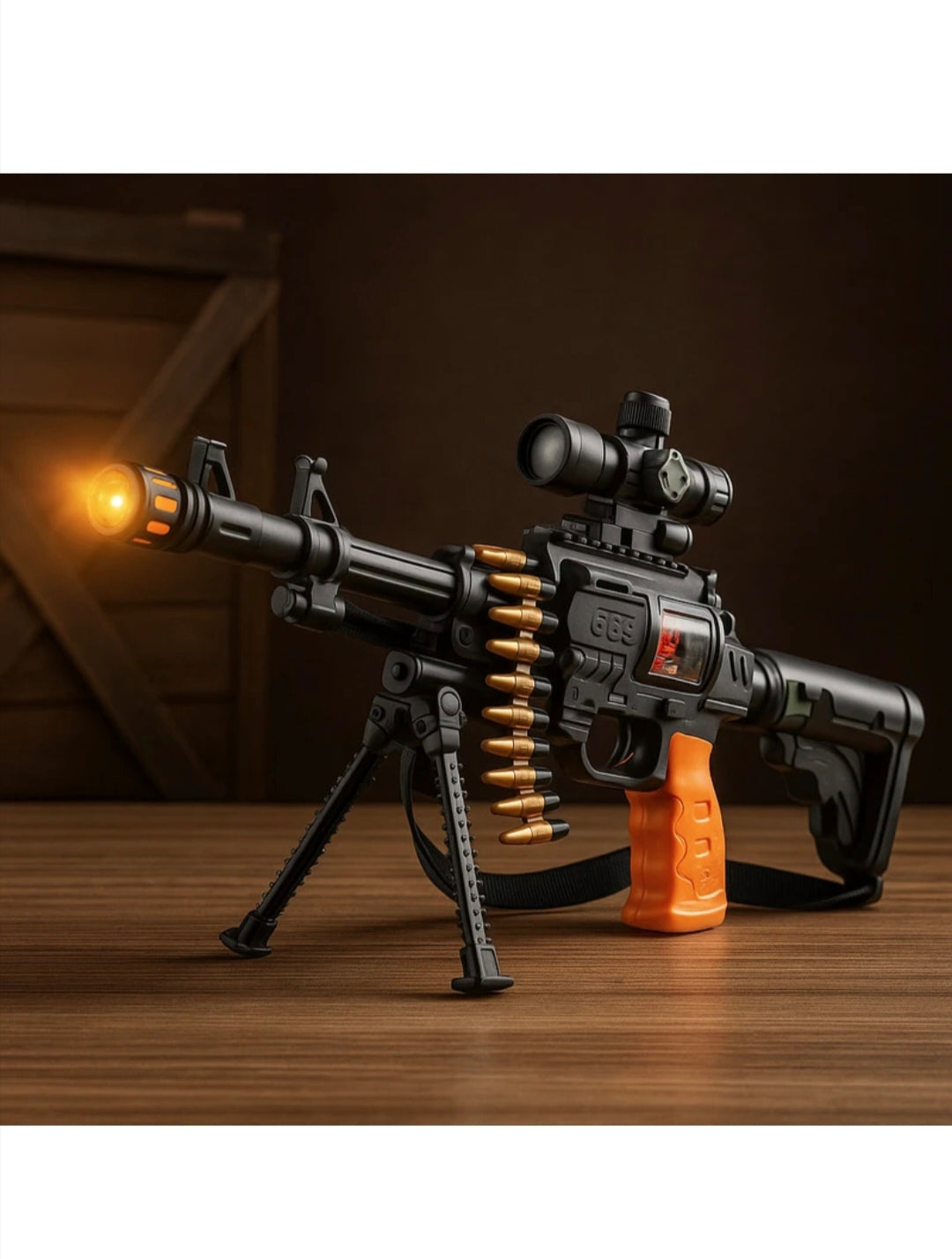 Toy Gun for Kids with LED Lights & Sound, Battery Operated Machine Gun Toy with Telescope, Removable Bullets & Shoulder Strap, Kids Army Role Play Toy (Black & Orange)