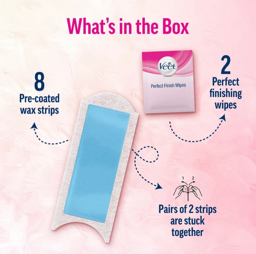 Veet Pre-Coated Wax Strips Kit for Smooth Skin, Includes 8 Wax Strips & 2 Perfect Finish Wipes, Easy Hair Removal at Home