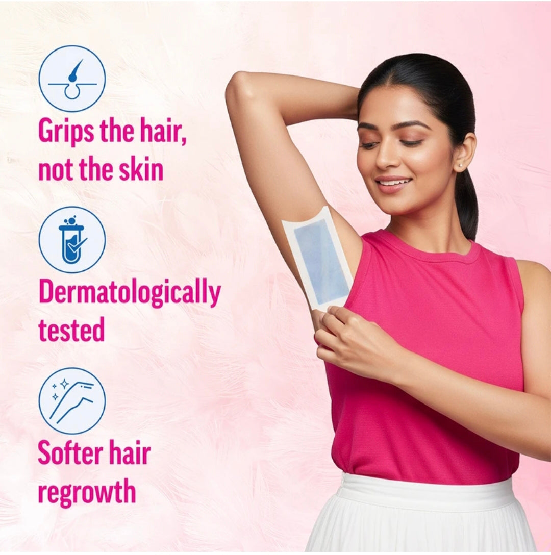 Veet Pre-Coated Wax Strips Kit for Smooth Skin, Includes 8 Wax Strips & 2 Perfect Finish Wipes, Easy Hair Removal at Home