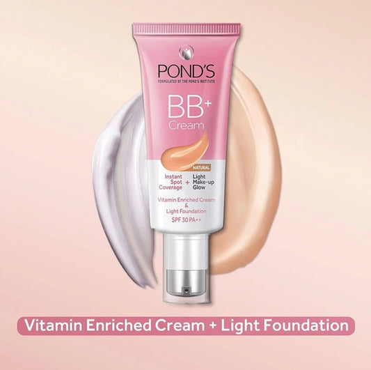 POND'S BB+ Cream Natural Shade with SPF 30 PA++ – Instant Spot Coverage, Light Makeup Glow, Vitamin Enriched Face Cream, Lightweight Foundation for Daily Use