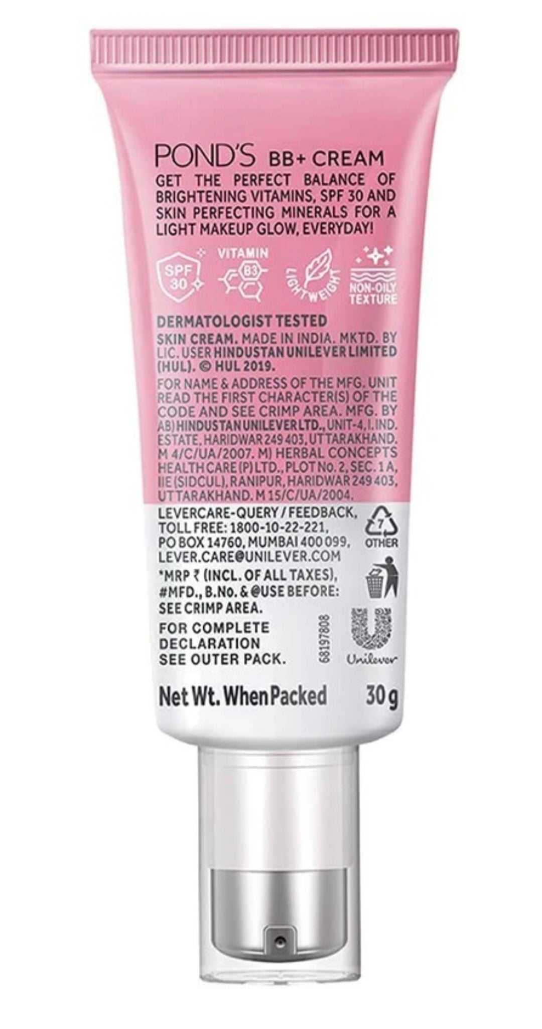 POND'S BB+ Cream Natural Shade with SPF 30 PA++ – Instant Spot Coverage, Light Makeup Glow, Vitamin Enriched Face Cream, Lightweight Foundation for Daily Use