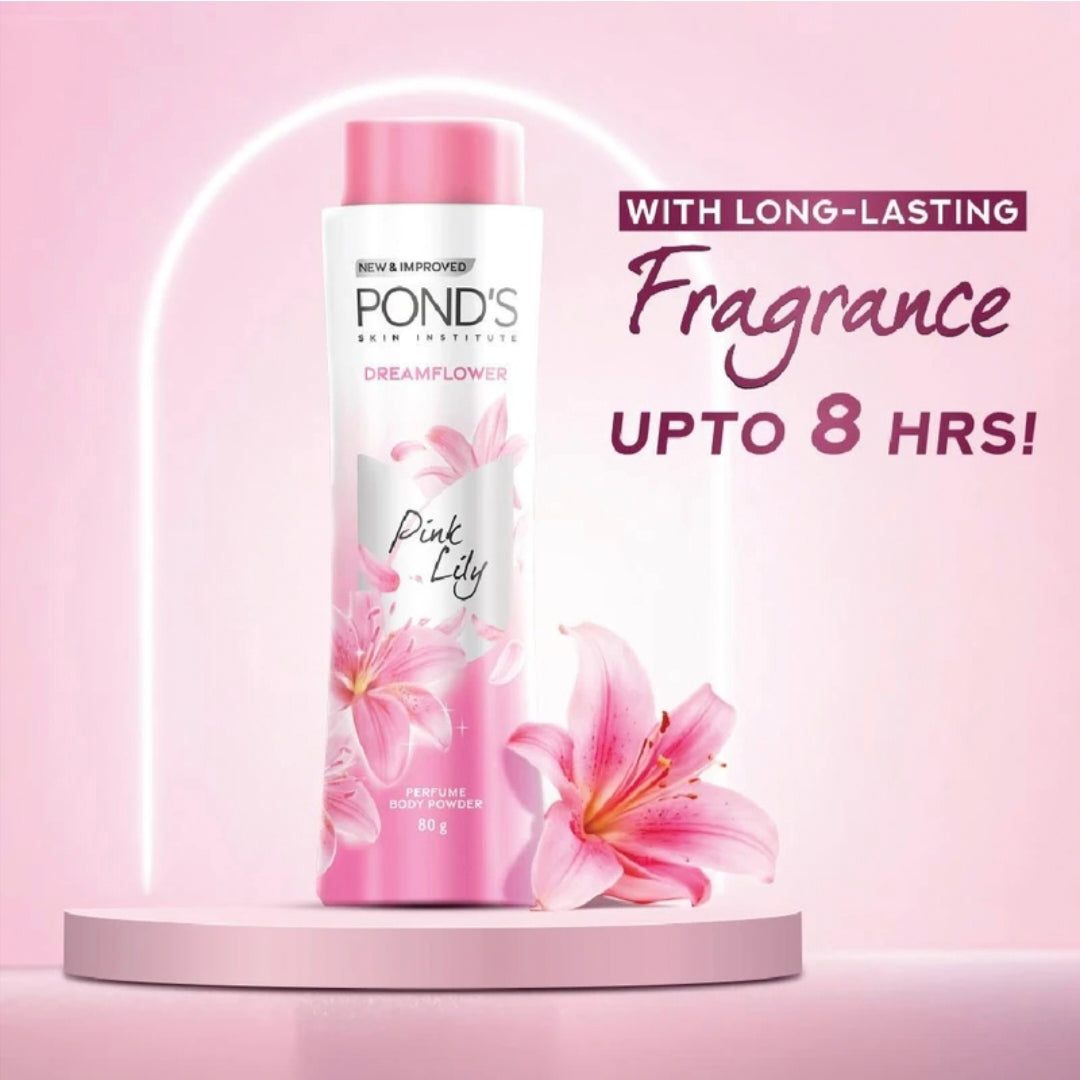 POND'S Dreamflower Pink Lily Perfumed Body Powder 80g – Long Lasting Fragrance Upto 8 Hours,