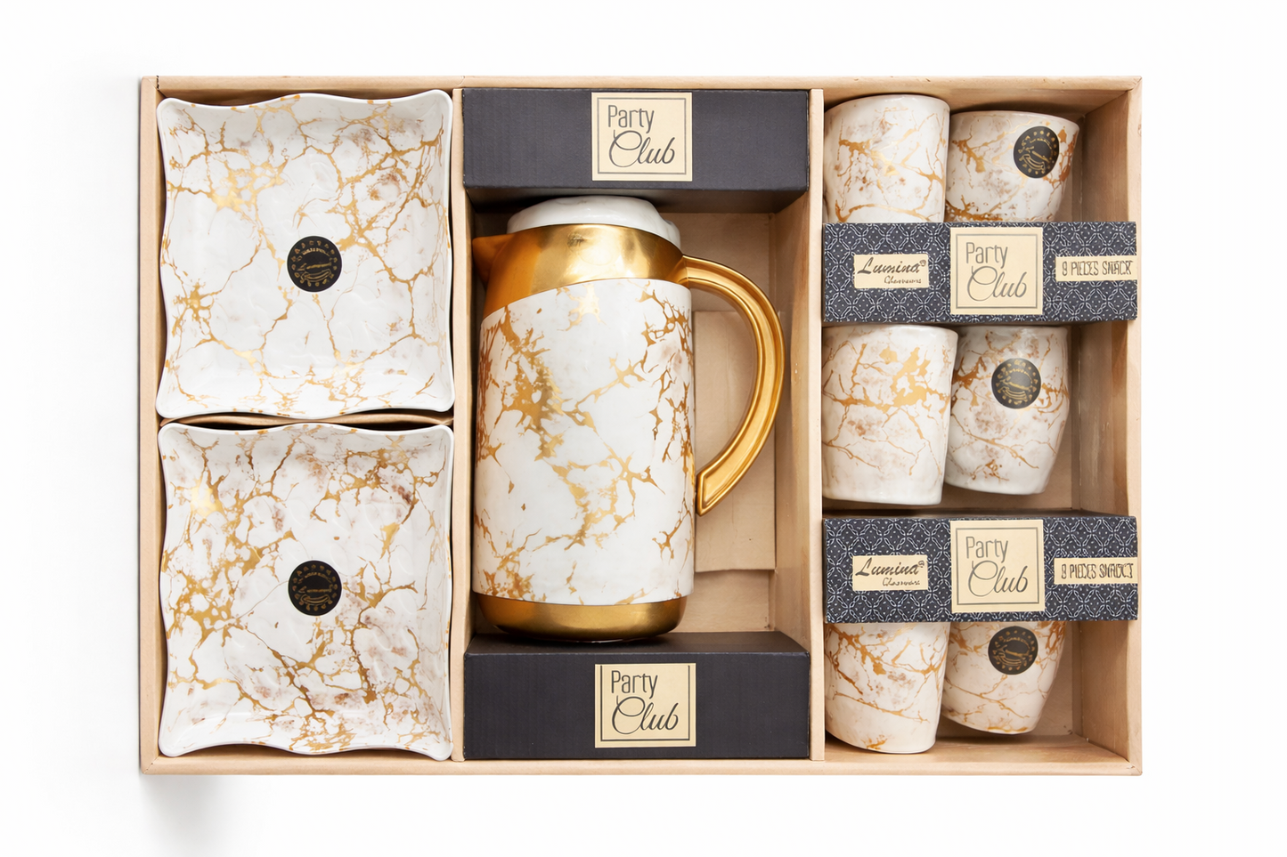 9-Piece Ceramic Tea Set with Jug & Snack Plates | 6 Cups + 2 Square Plates + 1 Jug