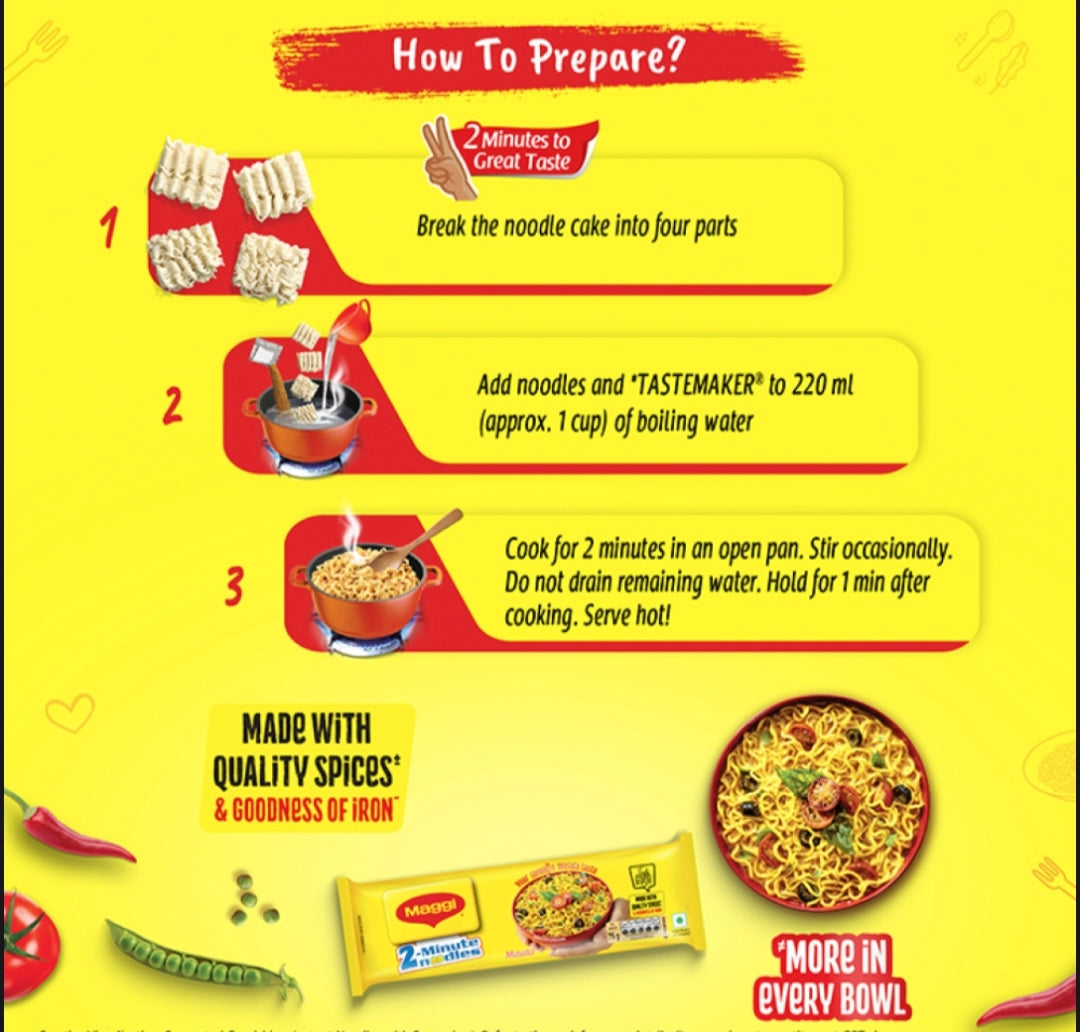 Maggi 2-Minute Instant Noodles Masala | Classic Masala Flavor | Quick & Easy Snack | Vegetarian Noodles | Ready in 2 Minutes