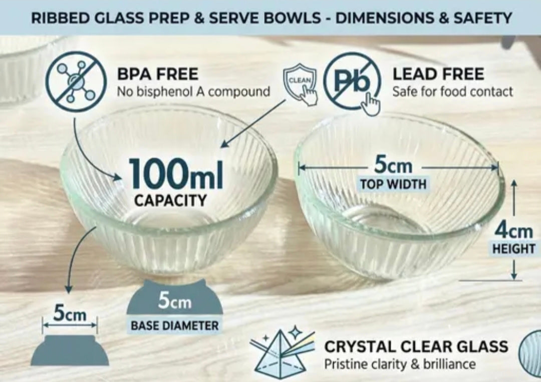Ribbed Glass Prep & Serve Bowls Set (100ml Each) | BPA-Free & Lead-Free | Crystal Clear Glass Bowls
