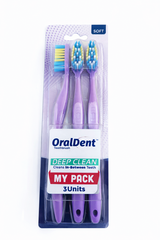 OralDent Deep Clean Toothbrush Soft Bristles Pack of 3 | Multi-Level Bristles for Deep Cleaning | Ergonomic Non-Slip Handle | Gentle on Gums | Adult Toothbrush Set
