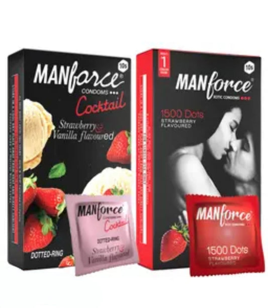 Manforce Cocktail Strawberry & Vanilla Flavoured Condoms, Dotted and Ringed Latex Condoms for Enhanced Pleasure, Pack of 10