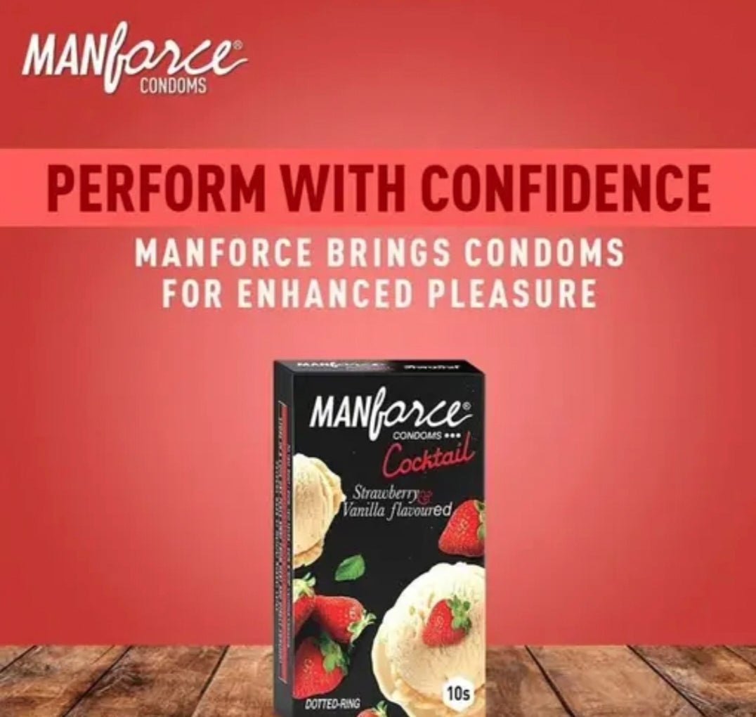 Manforce Cocktail Strawberry & Vanilla Flavoured Condoms, Dotted and Ringed Latex Condoms for Enhanced Pleasure, Pack of 20